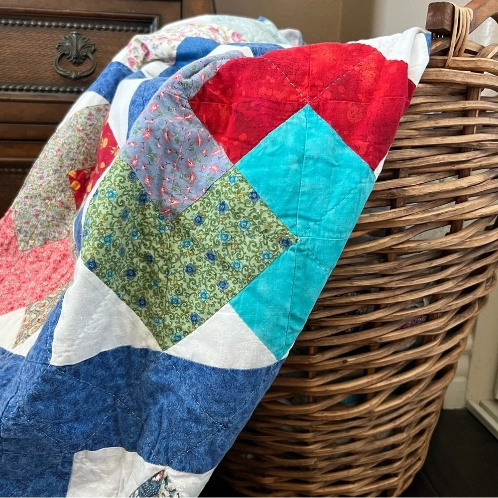72”x88” Twin Size Handmade Patchwork Cotton Quilt. Simple Shabby Chic.